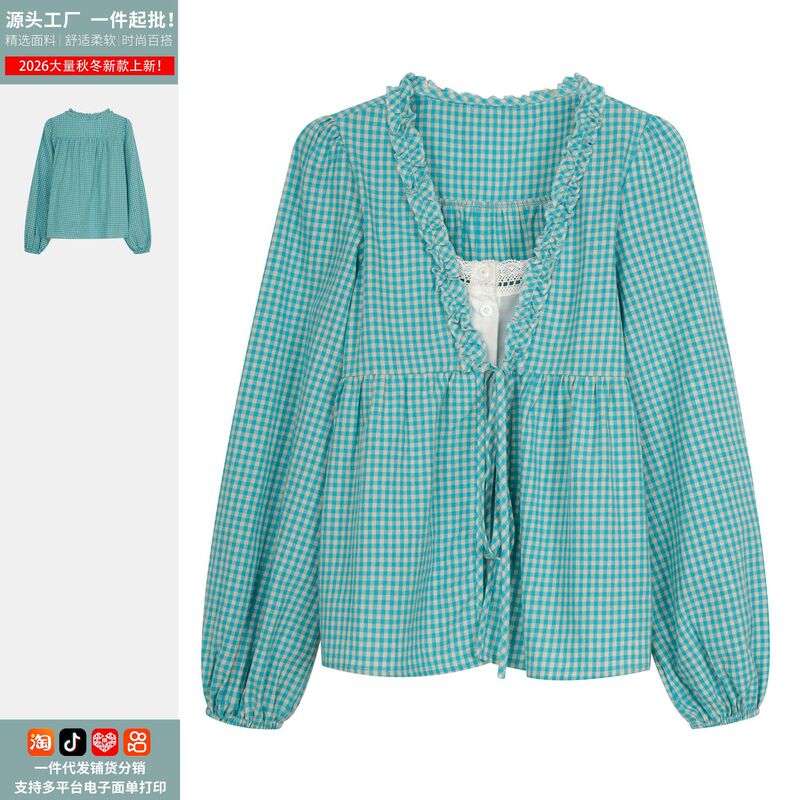 American-style plaid faux two-piece ruffled lace-up long-sleeve shirt for women, loose and versatile top for autumn - direct from the manufacturer American-style plaid faux two-piece ruffled lace-up long-sleeve shirt for women, loose and versatile top for autumn - direct from the manufacturer