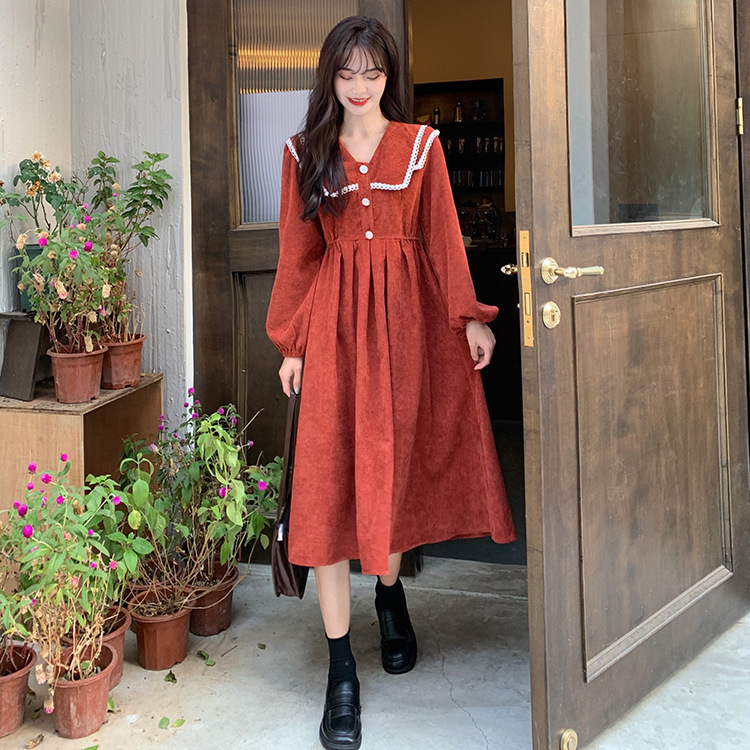 秋冬新款长袖灯芯绒中长裙女法式复古显瘦绑带收腰翻领连衣裙女装|undefined