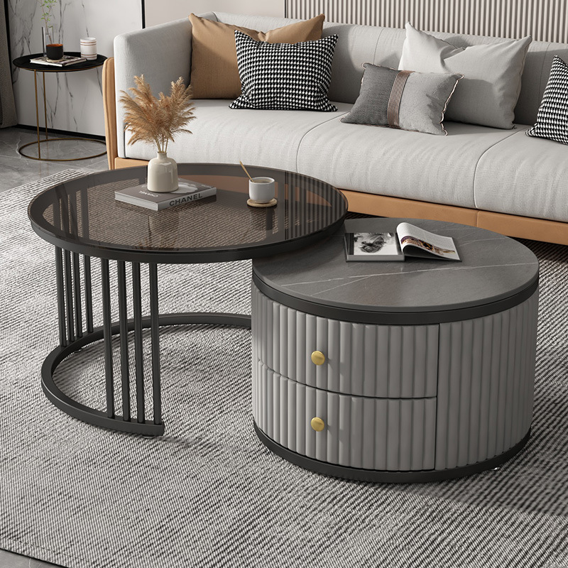 Mesa de café nórdica moderna simple apartamento pequeño Placa de roca mesa de café combinación redonda Luz de lujo sala de estar mesa de té en casa estilo crema