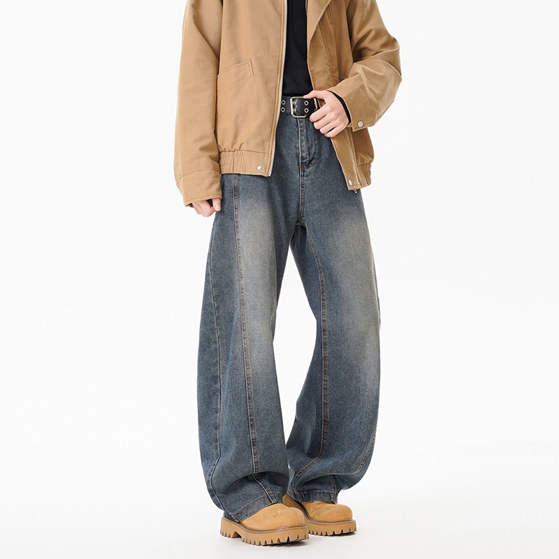 Popular American-style curved hem jeans for men, loose wide-leg pants, high street boyfriend style, design-inspired Xintang denim Popular American-style curved hem jeans for men, loose wide-leg pants, high street boyfriend style, design-inspired Xintang denim