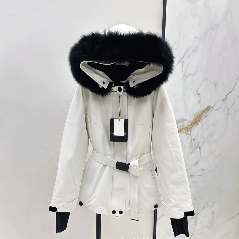 Women's down jacket with fox fur trim and waist-cinching design for skiing