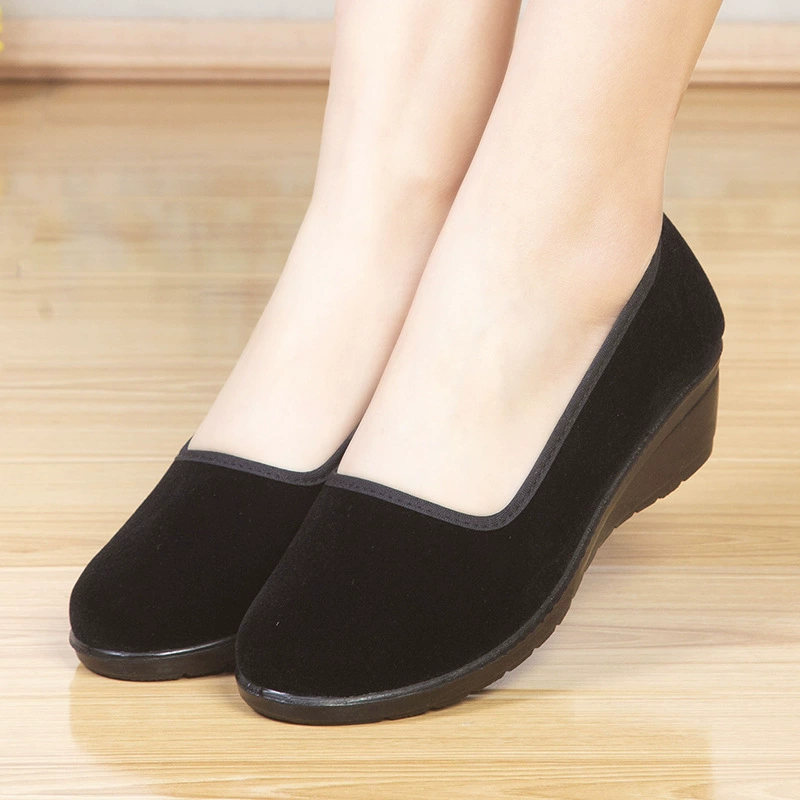 Тканевая обувь Old Beijing, женская черная Тканевая обувь с одной педалью, на танкетке, полиуретановая мягкая подошва, нескользящая Тканевая обувь для обслуживает банк отеля