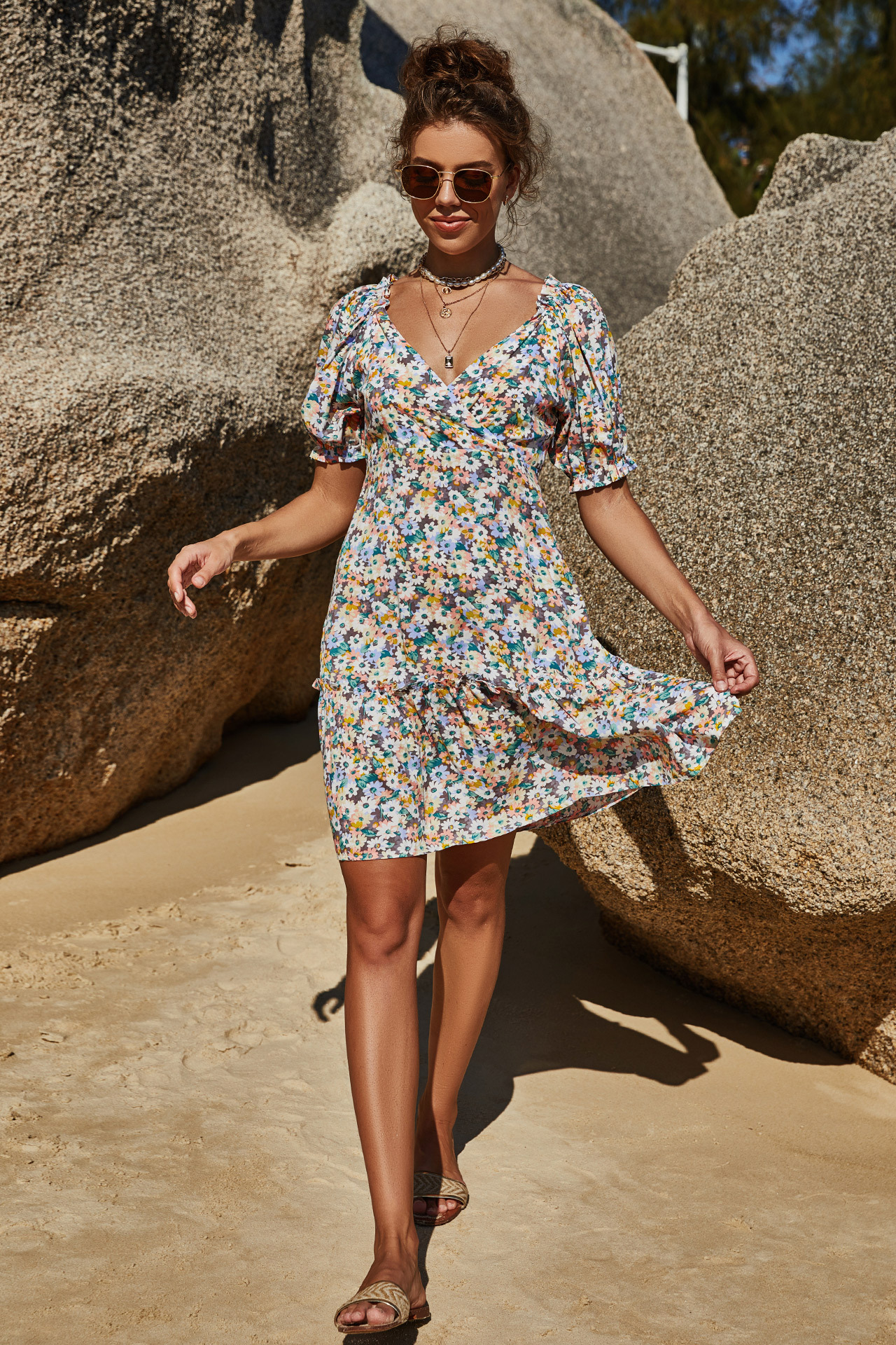 floral printed sexy V-neck short-sleeved A-line dress NSLM54035