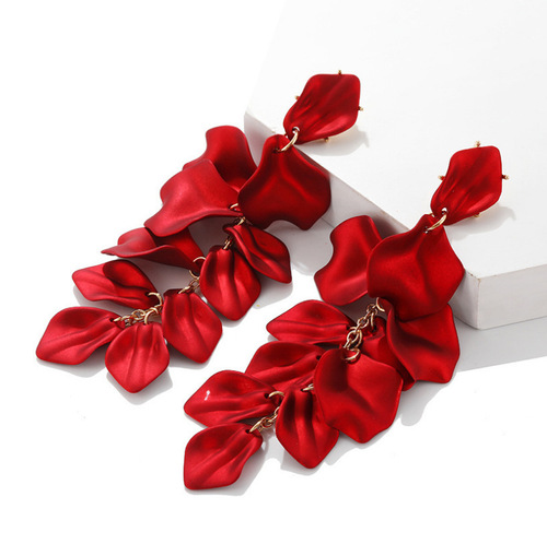 2pairs Fashion exaggerated rose petal leaf long earrings red petal earrings Korean earrings