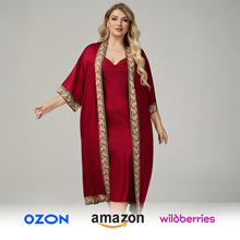 耀婷大码缎面睡袍女士吊带素色奢华家居服缎面浴袍套装3585+3372