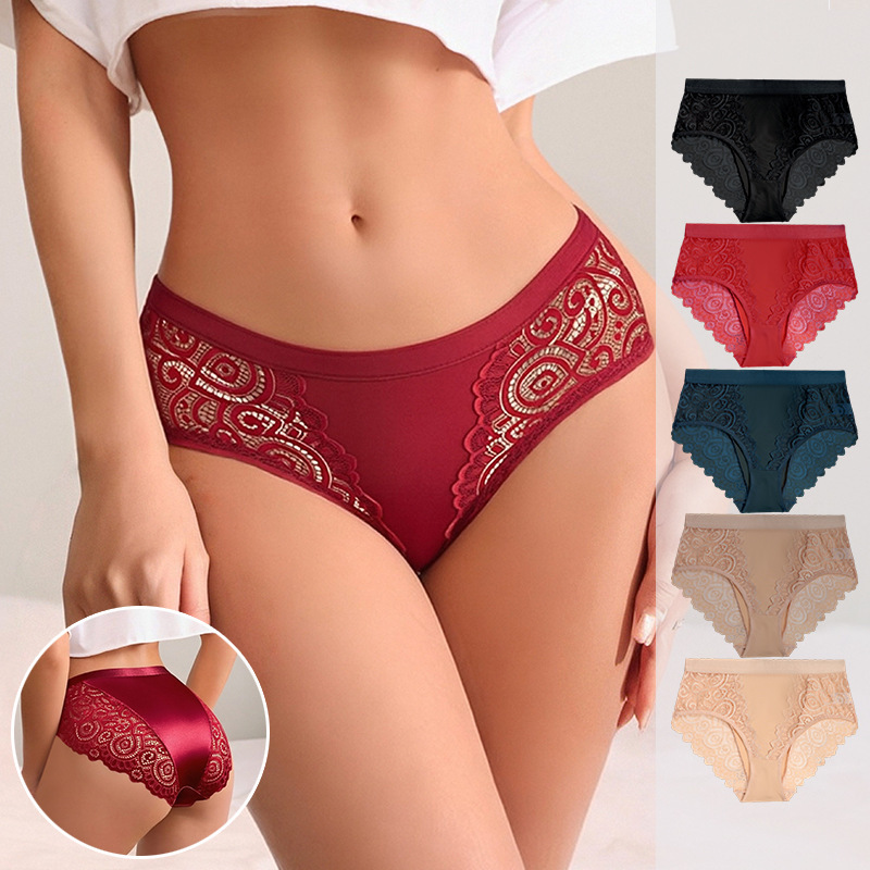 Lace Panties for Women, Mid-Waist, Sexy, with Patchwork See-Through Lace, Brazilian Style, High Aesthetic Value