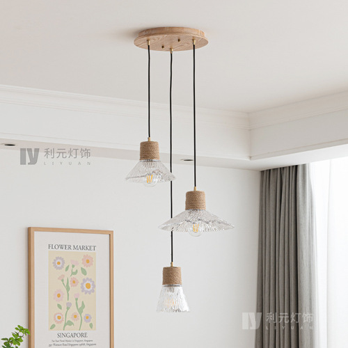 Japanese style log wind glass chandelier restaurant bar window small chandelier commercial three-head hemp rope disc dining chandelier