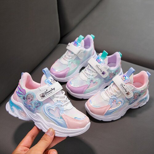 Girls' Elsa Princess Sports Shoes 2024 Spring and Autumn New Children's Soft Sole Girls' Net Shoes Cartoon Soft Sole Shoes