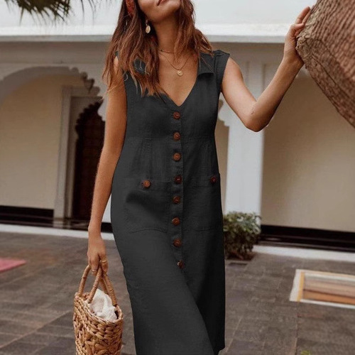  European and American V-neck single button pin button dress pocket design large size multi-color 