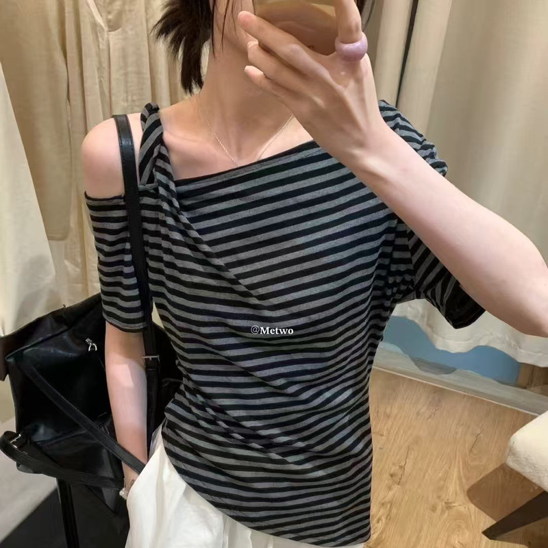 Hers Sweet Summer Korean Style Slim Waist Pleated Off-Shoulder Short Sleeve T-Shirt for Women 8766
