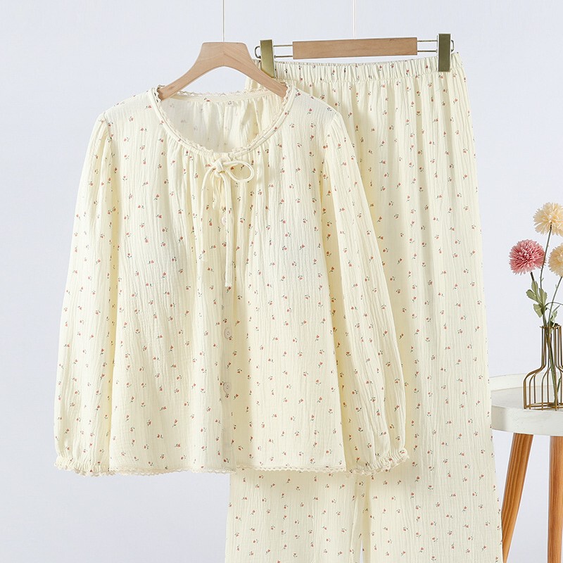 Women's Spring and Autumn Double-Layer Pure Cotton Cup-Shaped Floral Crepe Round-Neck Cardigan Soft Women's Loungewear Pajamas