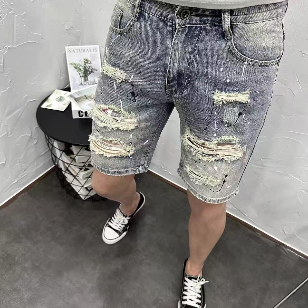 Retro-Jeansshorts für Herren im Used-Look mit Patchwork-Design, Stretch, lässige Sommerhose mit fünf Spitzenpunkten, trendiger Stil_voghion.com
