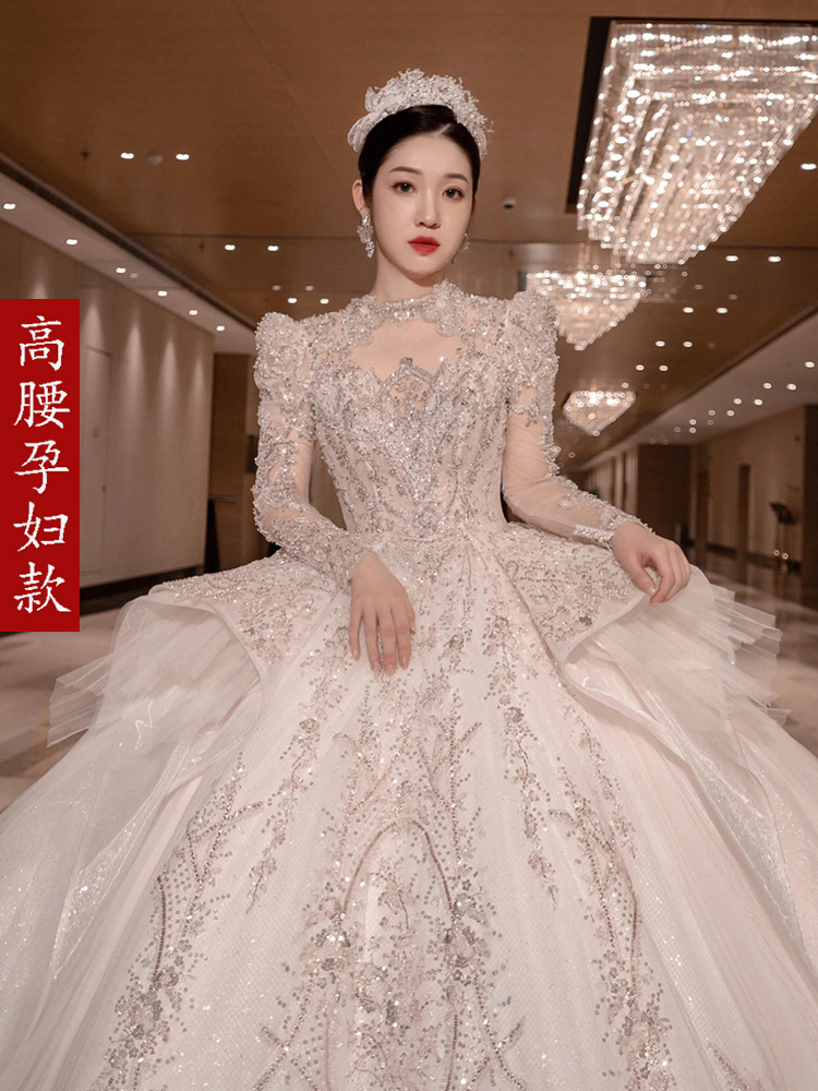 Vestido de novia 2025, nuevo estilo, vestido principal de novia con cola larga, artesanía elaborada, estilo palacio, mangas largas vintage de alta gama, talla grande para mujeres embarazadas D88.