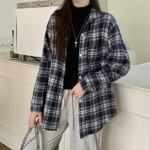 Cross-border French-style sweet girl blue checkered loose long-sleeved shirt women's middle-long length sun protection outerwear fashion