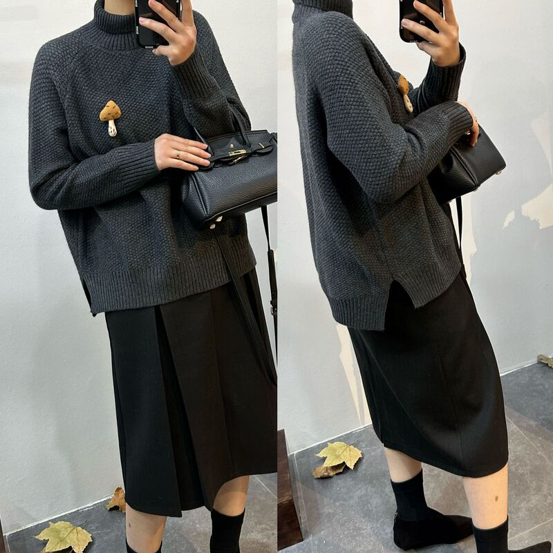 Custom-Made Raglan Sleeve High-Neck Gray Sweater for Women, Solid Color Versatile Knitwear, Loose Top, Korean Style, Artistic New Design