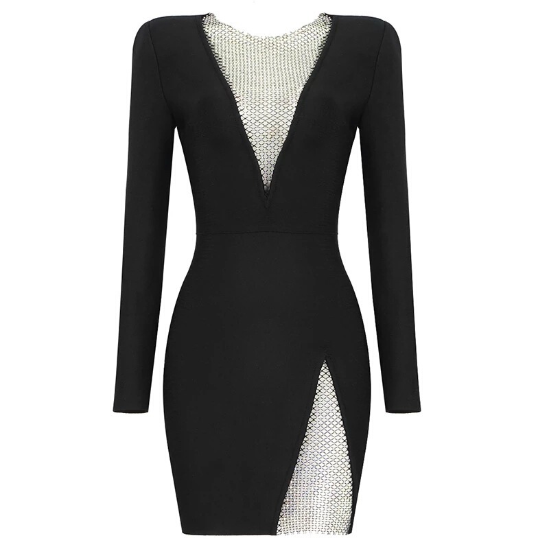 European and American Explosions Sexy Long Sleeve V-Neck Mesh Diamond Slim Glamour Bandage Skirt Party Dress Evening Dress Skirt European and American Explosions Sexy Long Sleeve V-Neck Mesh Diamond Slim Glamour Bandage Skirt Party Dress Evening Dress Skirt
