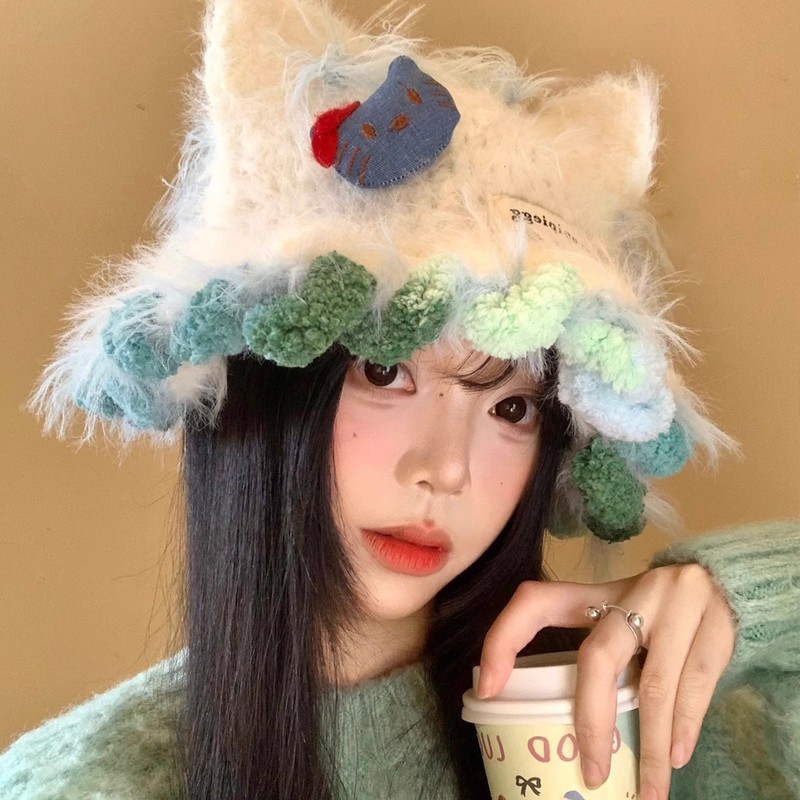 可爱卡通猫耳朵毛绒针织帽女秋秋冬季显脸小毛线帽大头围保暖帽子|undefined