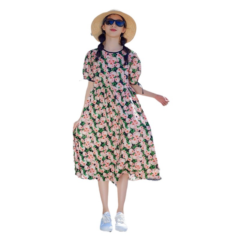 Vestido de niña Zhongda 2024 nuevo estilo estilo estilo occidental manga abullonada princesa falda larga niña falda de playa algodón puro verano