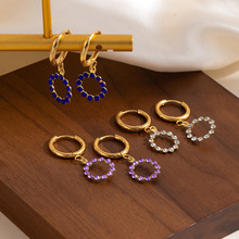 跨镜不锈钢镂空圆环白锆耳环轻奢风小众镂空钛钢耳钉时尚百搭耳饰