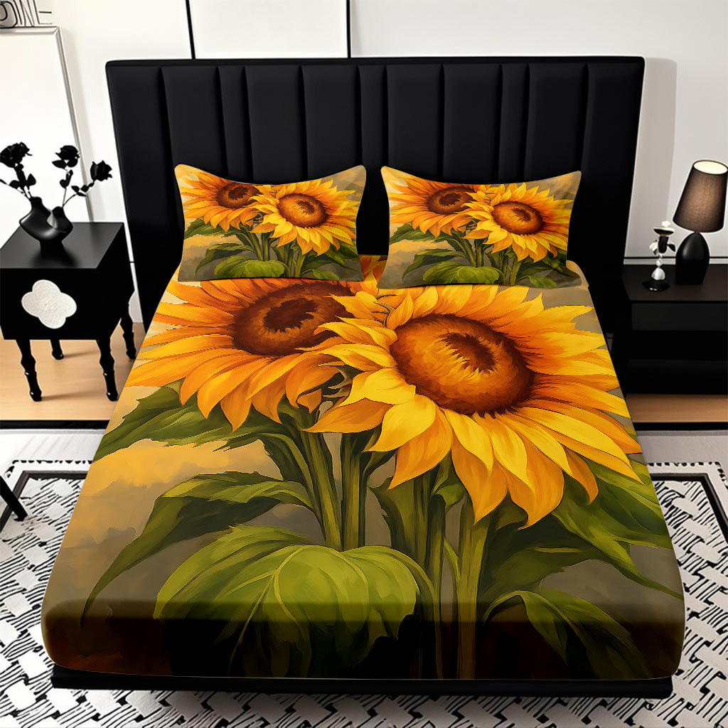 Comercio exterior transfronterizo textil doméstico patrón de girasol impresión digital 3D cama de molienda de tres piezas JIT modelo Temu