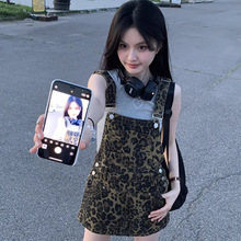 复古辣妹豹纹牛仔背带裙女秋季新款美式减龄洋气连衣裙连体短裙裤
