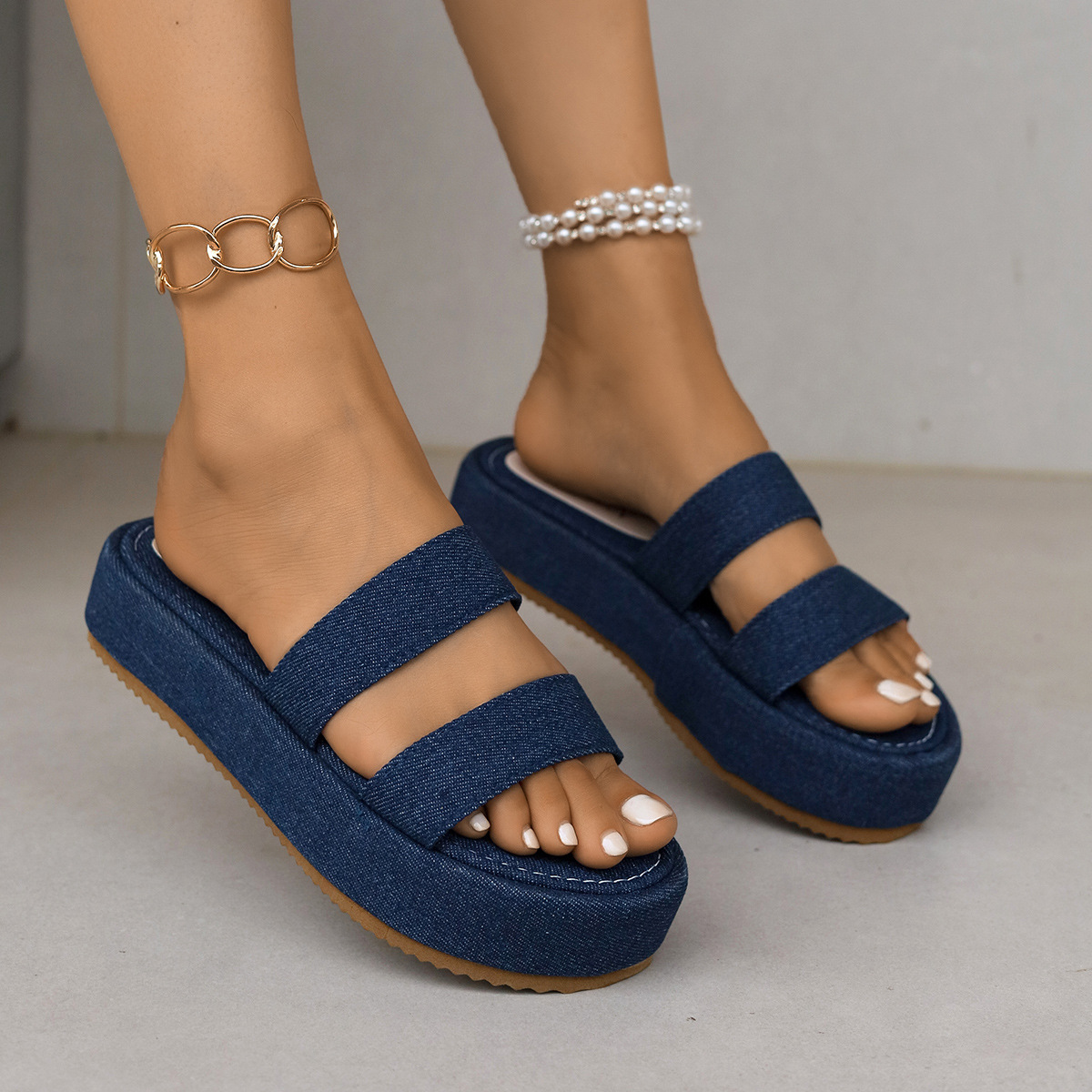 Women's Summer Platform Wedge Sandals plus Size Denim Cross Strap Footwear for Wide Feet_vogvips.com