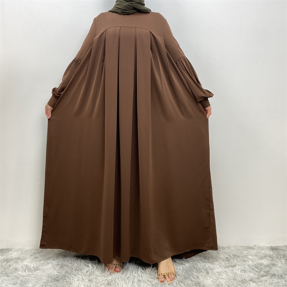 Loose Fitting Sleeved Maxi Dress Stylish Side Pockets Pleated Robe Style Design Women's Clothing_ecoleips.com