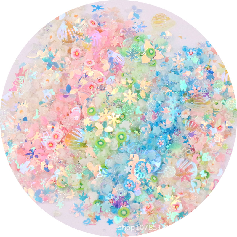 Internet celebridad efecto luminoso lentejuelas mixtas Concha mixta ciruela cóncava copo de nieve cuentas redondas DIY relleno Delgado