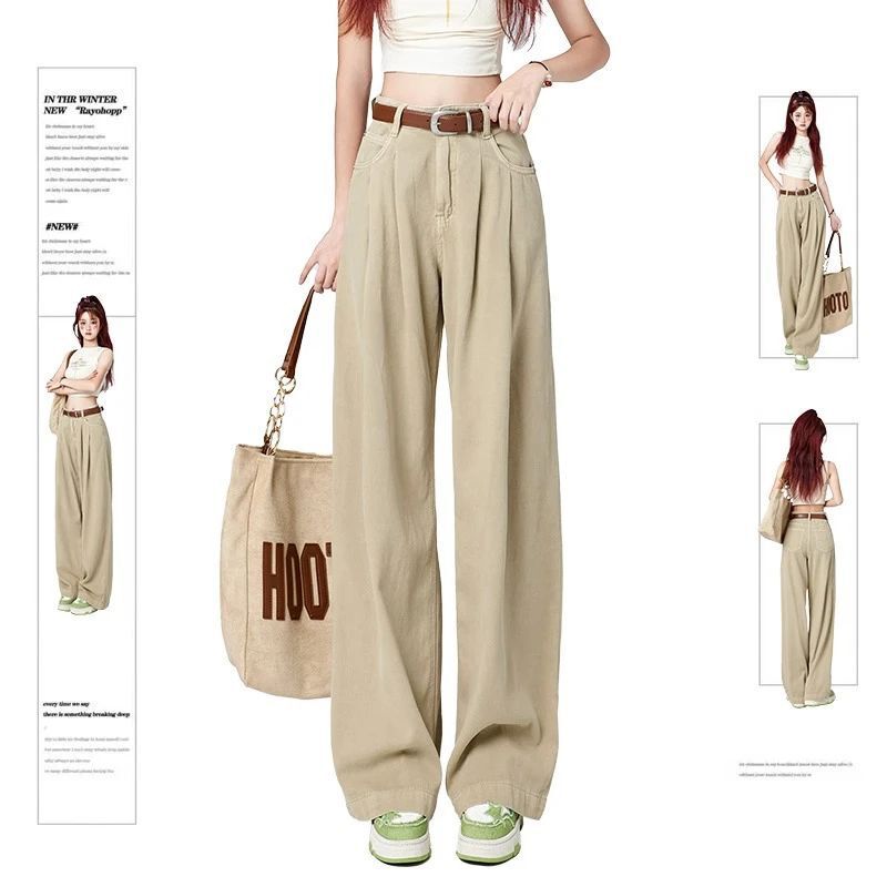 Brown Pleated Wide-Leg High-Waisted Jeans for Women 2025 Summer New Loose Slimming Look Casual Floor-Length Pants