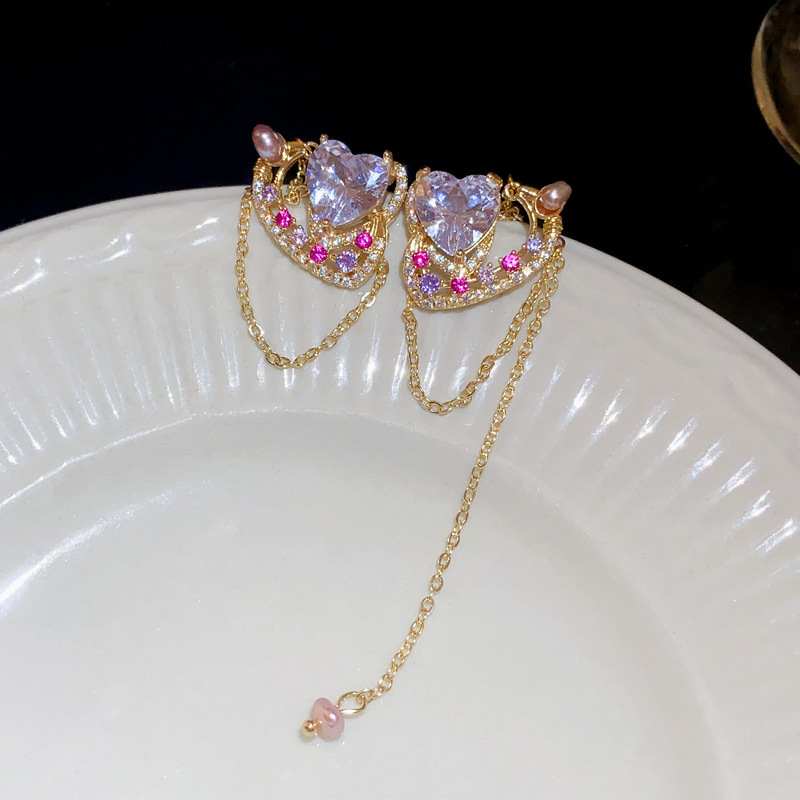 실버 바늘 컬러 다이아몬드 지르콘 바로크 진주 러브 태슬 스터드 귀걸이