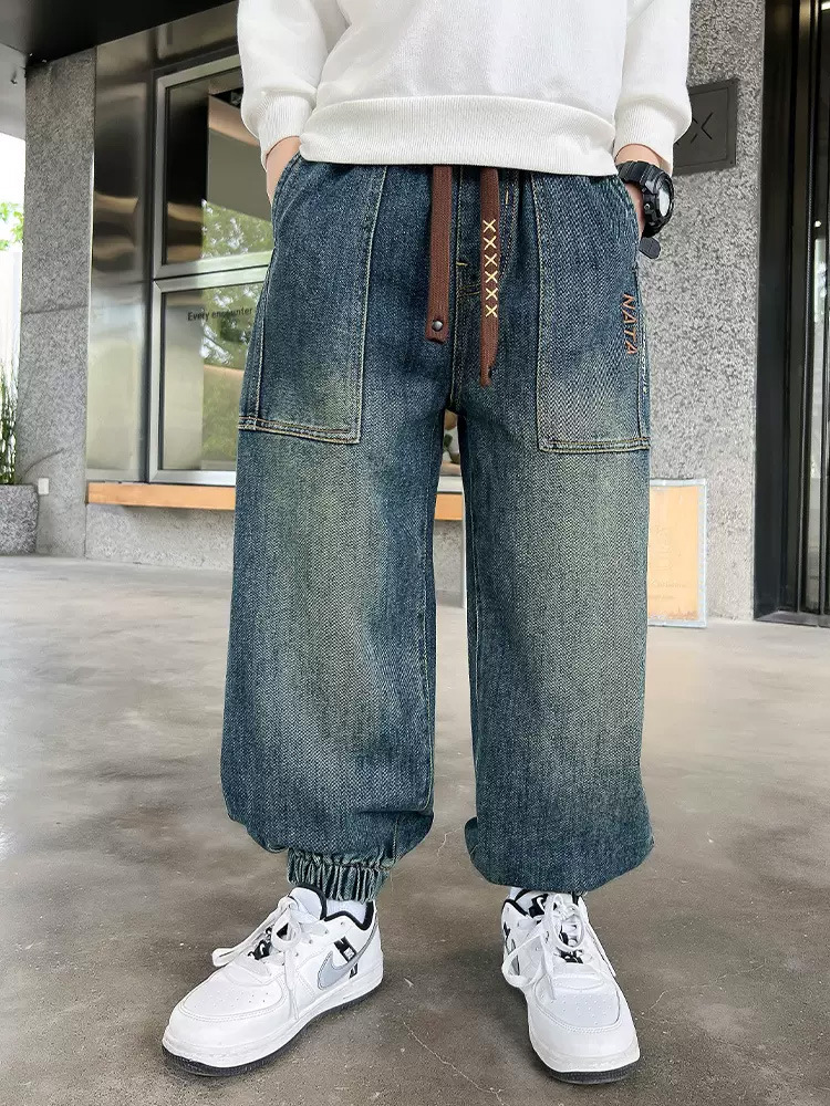 男の子用デニムパンツ 春秋2025 子供用パンツ 裏起毛 大きめサイズ ゆったりストレートパンツ 男の子 韓国風 人気ブランド