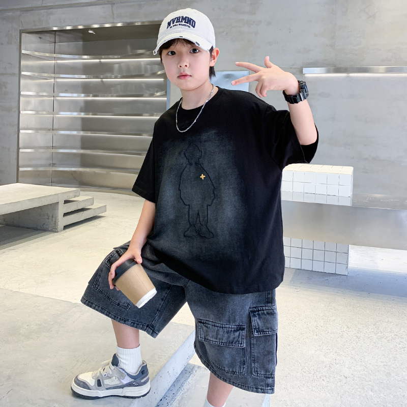 South Korea Boys Summer Fashionable Tooling Denim Short-sleeved Shorts suit Fashionable Children's Loose Sports Personalized T-shirt