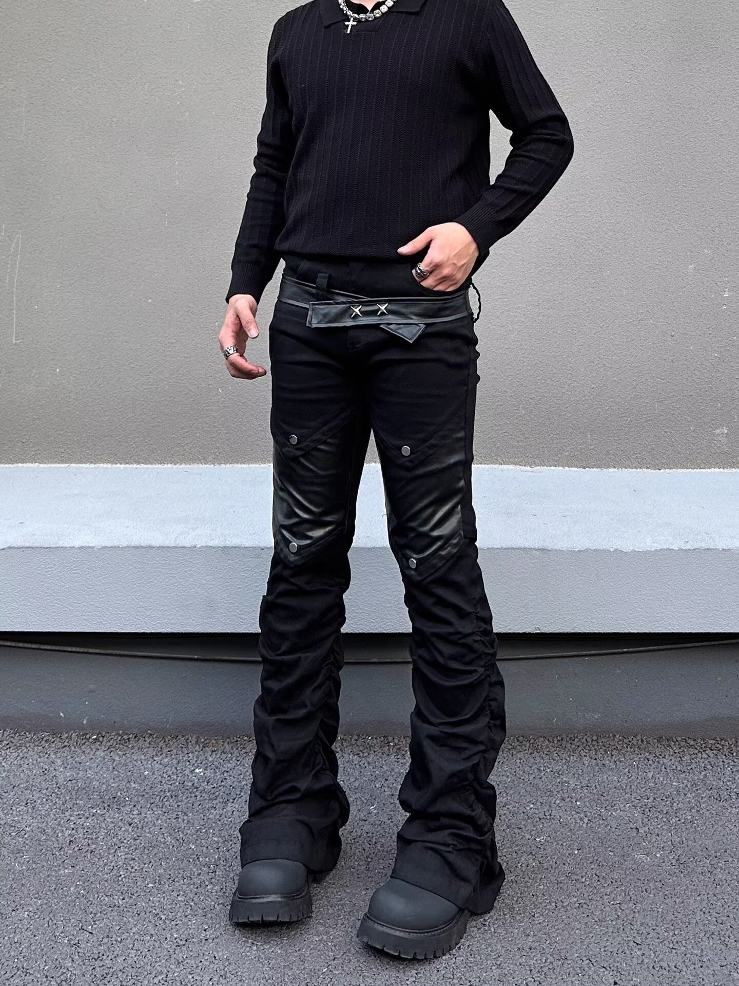 Men's Retro Washed Distressed Cleanfit Jeans Slightly Flared Slimming Black High Street Style American Vibe Curved Pants_mkmklike.com