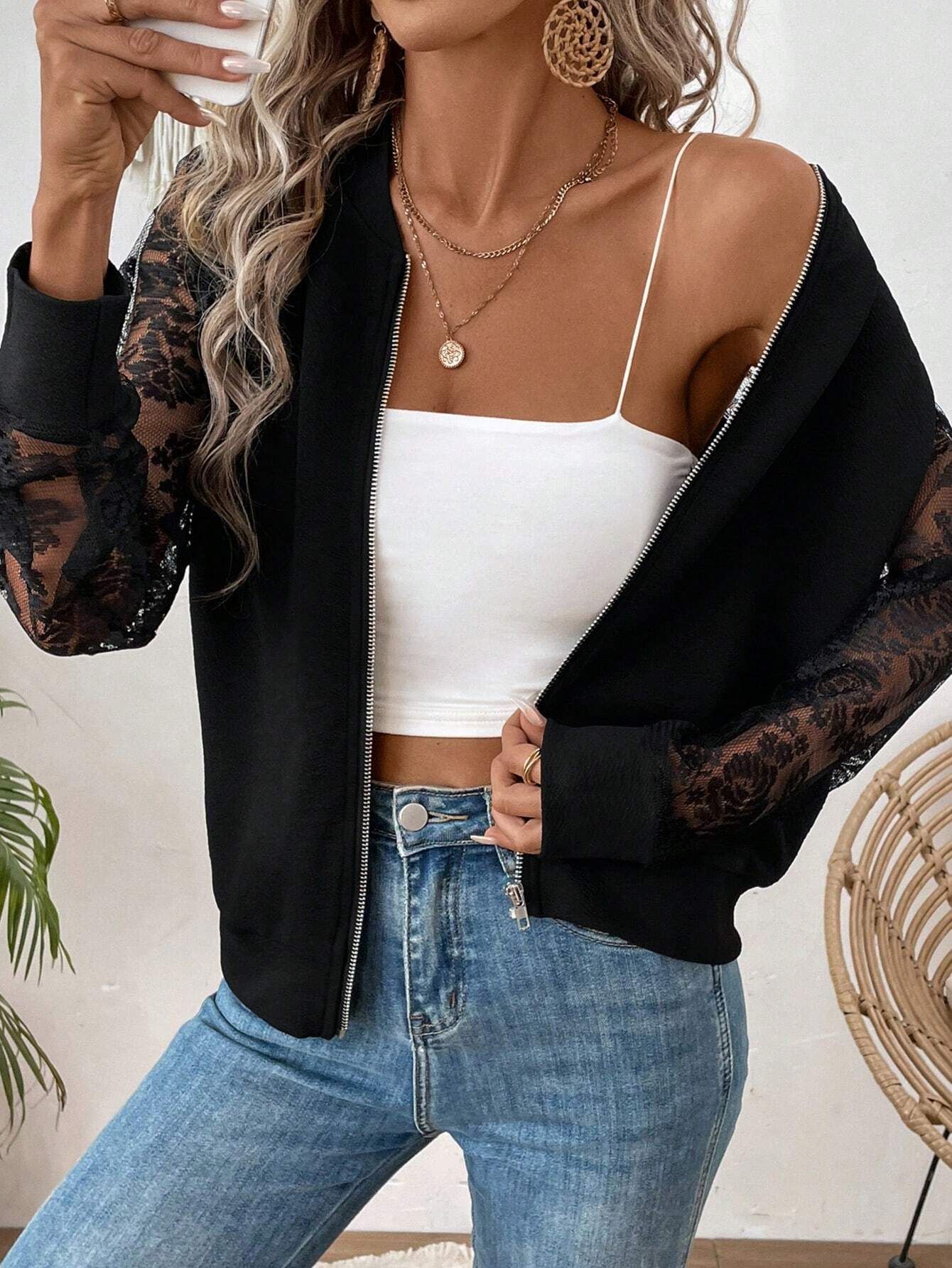 spring elegant lace baseball long-sleeve