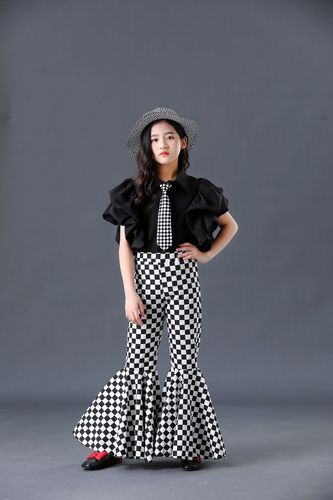 Girls kids white with black plaid hiphop street rapper dance outfits for baby children catwalk mode shows personality flare pants clothes rock style fashion costumes