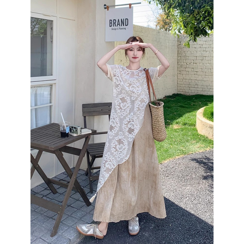 2025年初夏着用大きいサイズ婦人服フレンチレイヤードスーツサスペンダースカート太ったmmお腹カバーレースドレス|undefined