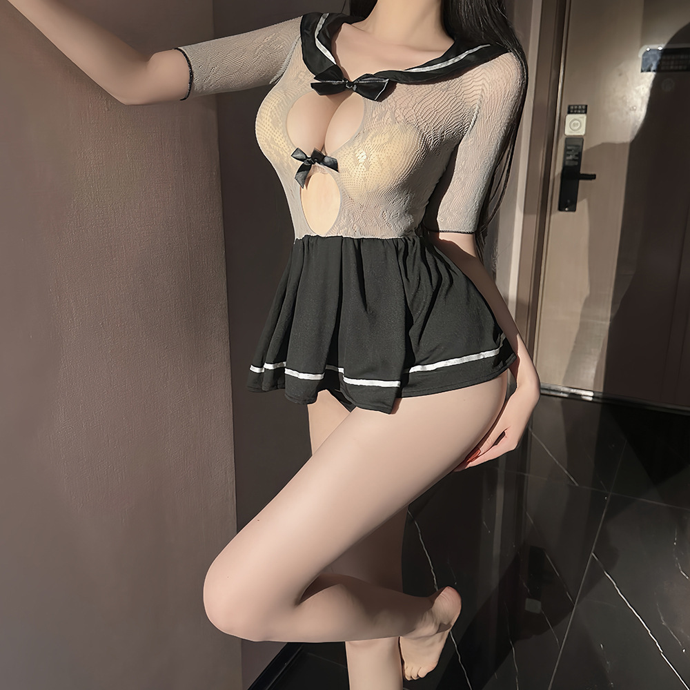 Sexy Lingerie, Fishnet, Sailor Uniform, Temptation Student Outfit, Short Skirt, One-Piece Gray Fishnet, Fishnet Stockings Suit, Drop Shipping