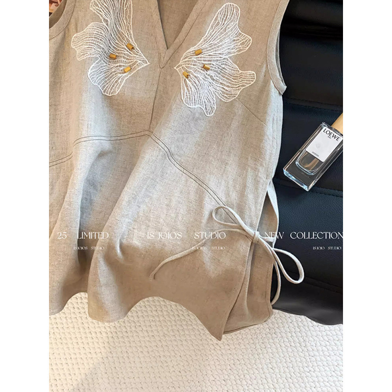フレンチスタイルオールドマネースタイル刺繍Vネックノースリーブベストレディース夏大きいサイズファットmmユニークで美しい万能トップス|undefined