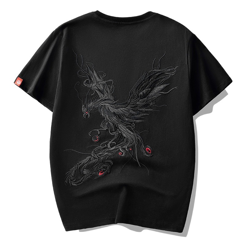 2025 primavera y verano nuevo estilo de algodón puro tendencia suelta camiseta de manga corta para hombres de moda nacional estilo chino ropa de hombre Phoenix bordado media manga