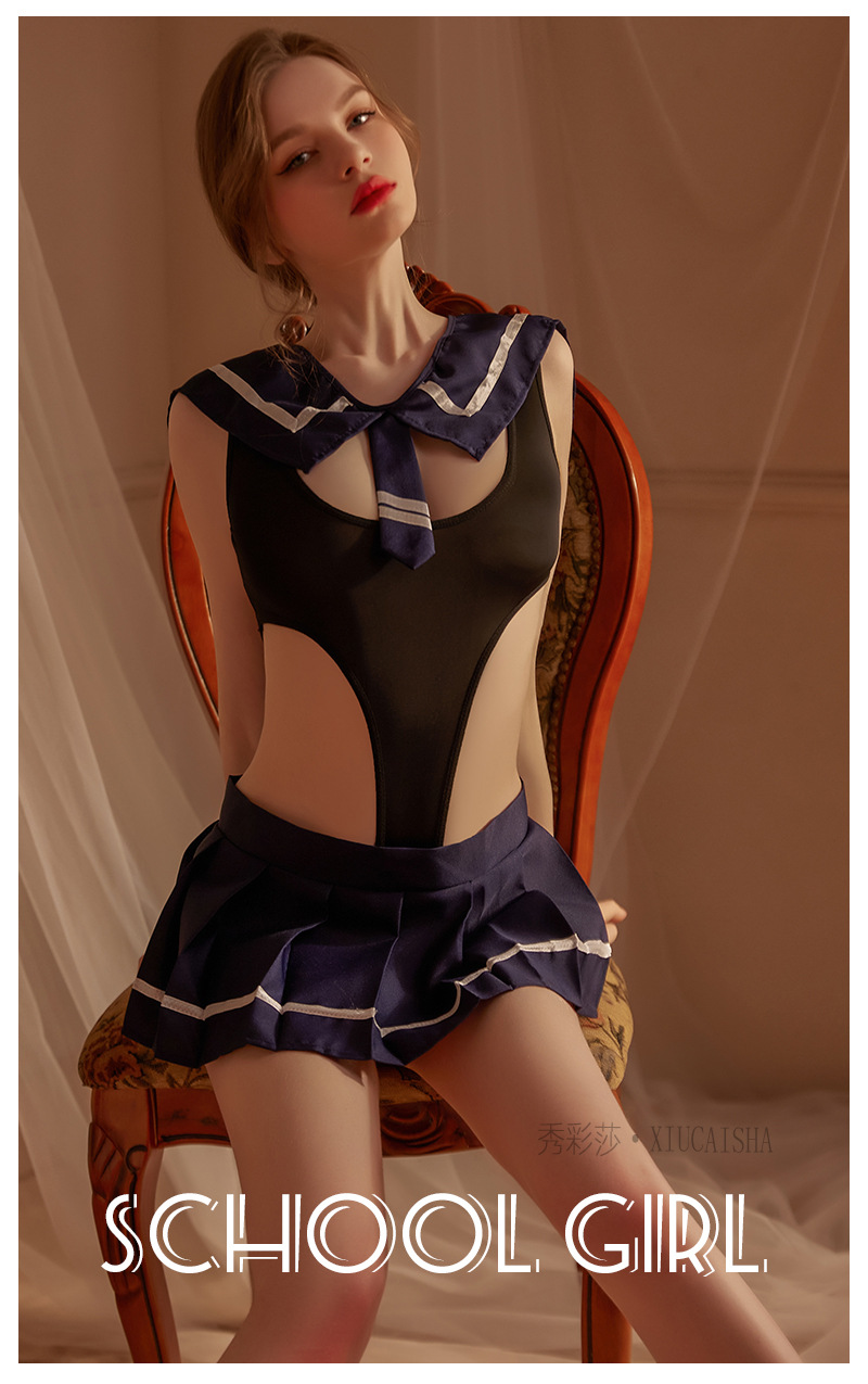Sailor Schoolgirl Costume Set with Mini Skirt and Striped Socks — detail image 11