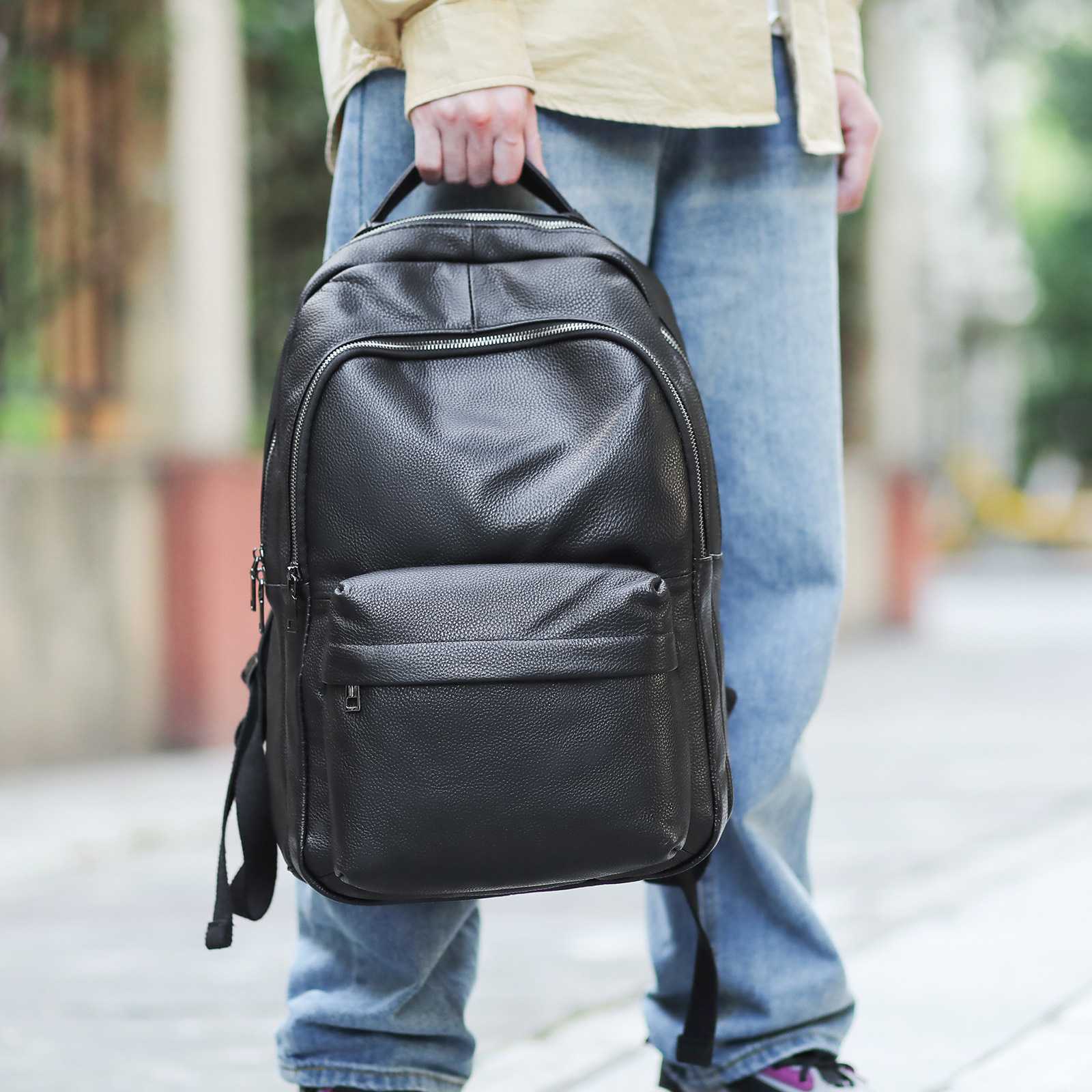 Casual Men's Backpack Genuine Cowhide Top Grain Black Leather Trendy Cool Outdoor Motorcycle Bag_voghion.com