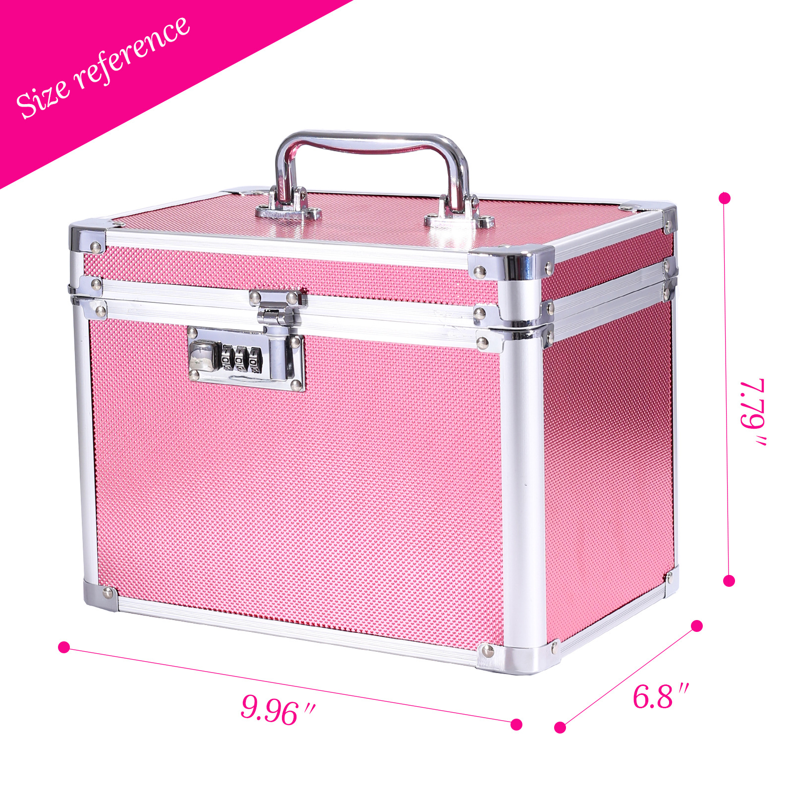 Estuche de cosméticos de aleación de aluminio, juego portátil de una sola pieza de gran capacidad de doble capa con caja de almacenamiento de espejo, bloqueo de contraseña, bolsa de cosméticos