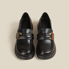 厚底乐福鞋女士春秋配裙子一脚蹬英伦风小皮鞋金属休闲粗跟单鞋子