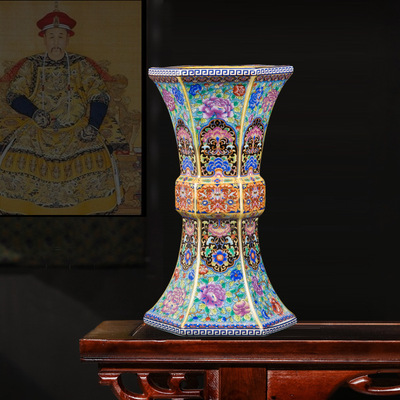 景德鎮陶瓷花瓶擺件仿古手繪琺琅彩粉彩瓷六方花鳥瓶禮品古典家居