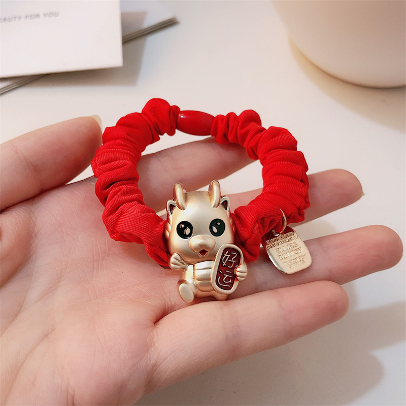 Año del Dragón Zodiaco de alta sensación metal rojo Año Nuevo anillo de cabello de alta altura cuerda elástica cuerda de cabello festiva adornos para el cabello