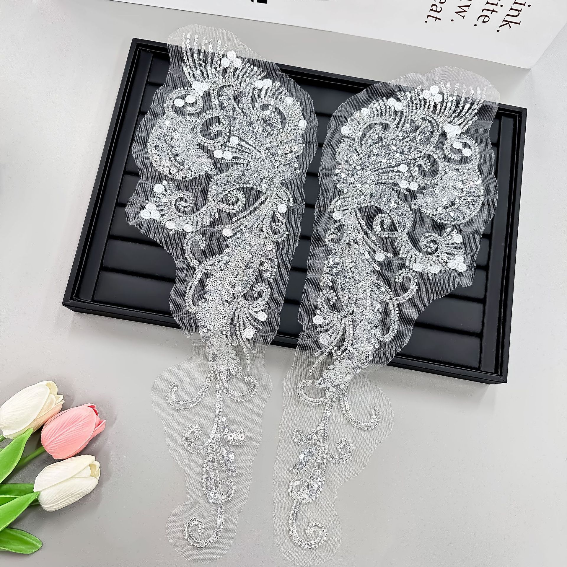 网纱亮片贴花刺绣蝴蝶翅膀对花礼服裙子装饰辅料服装前领布贴配饰