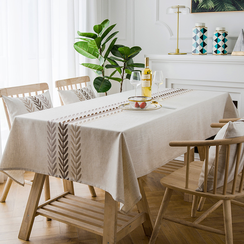 Polyester Linen Waterproof Modern Leaf Flower Runner Embroidered Geometric Tablecl Rectangular Coffee Dining Table_voghion.com