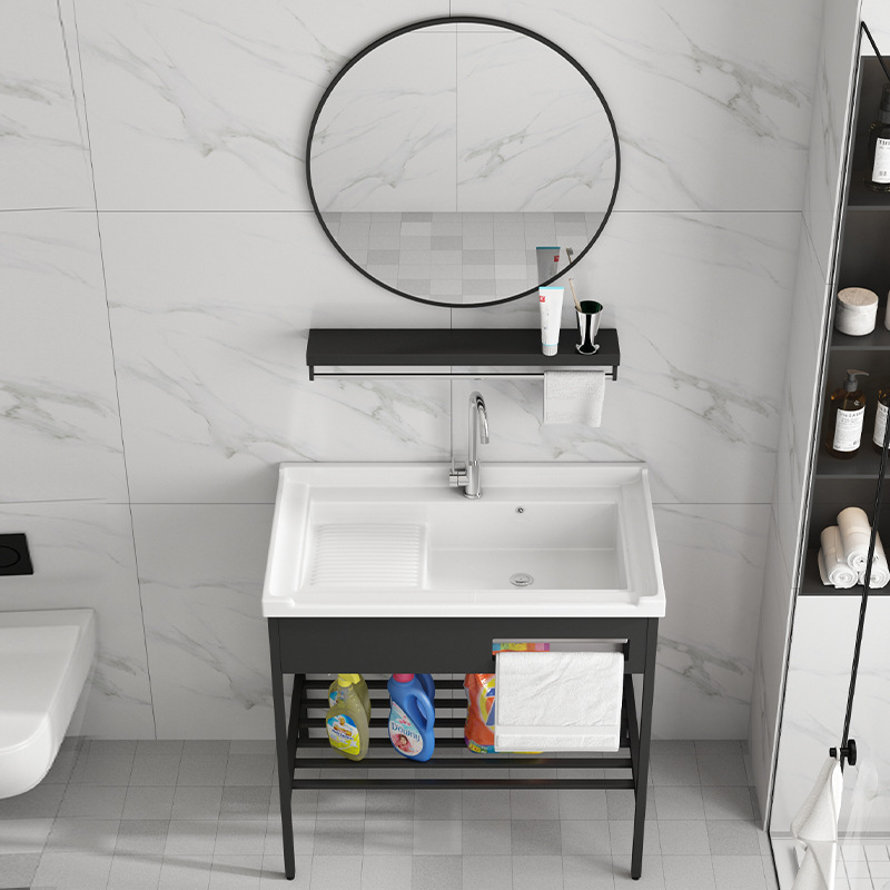 Armario negro de acero inoxidable de pie de piso lavabo balcón lavabo integrado de baño de cerámica con lavabo