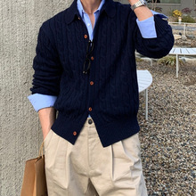 老钱风毛衣开衫男韩系新款休闲宽松复古外套麻花纹上衣简约休闲