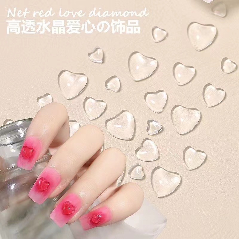 Alta transparente cristal amor diamante uñas joyería hielo transparente melocotón corazón diamante uñas joyería Blush decoración de uñas al por mayor